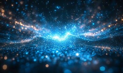 Poster - A mesmerizing display of sparkling blue particles, creating a sense of depth and movement against a dark background, evoking a cosmic or digital atmosphere.