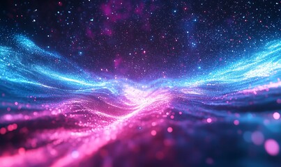 Poster - A vibrant, abstract scene of flowing waves in shades of blue and pink, creating a cosmic, ethereal atmosphere with a sense of depth and movement.