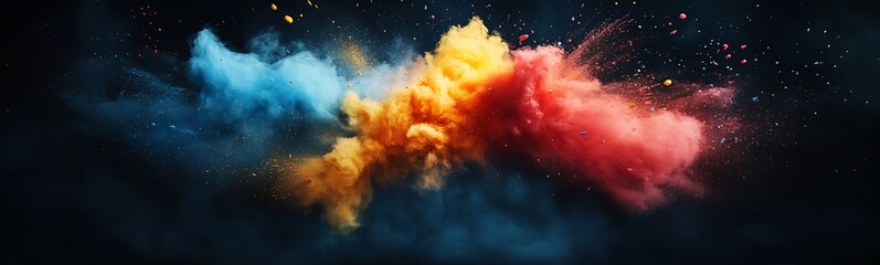 Poster - A vibrant explosion of colorful powders bursts against a dark background, creating a visually striking and dynamic effect.