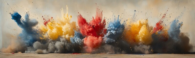 Poster - A vibrant explosion of colored powders creates a stunning visual display against a neutral background, capturing energy and creativity.