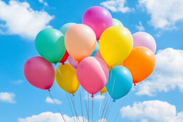 A group of vibrant, multicolored balloons floating against a bright blue sky with white clouds