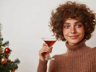 Cheerful Woman Enjoying Festive Cocktail in Cozy Setting