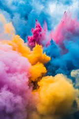 Poster - A vibrant explosion of colorful smoke in shades of pink, blue, yellow, and purple, creating a dynamic and artistic visual effect.