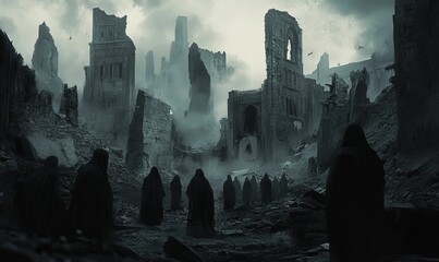 Wall Mural - Mysterious figures walk through a ruined city.