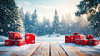 © Annamorphosis - empty table in the foreground and christmas tree and gifts on background