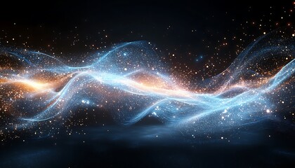 Poster - A mesmerizing wave of light and particles dances through a dark space, creating a cosmic atmosphere filled with energy and color.