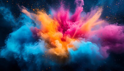 Poster - A vibrant explosion of colorful powder creating a stunning visual effect against a dark background, showcasing shades of blue, pink, orange, and yellow.