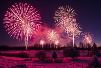 new year's eve fireworks fireworks exploding over a snowy landsc