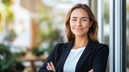 Confident businesswoman standing outside during a sunny day in a modern urban setting, showcasing professionalism and approachability.