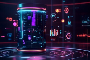 A futuristic cylinder with data visualizations and graphs on it, set against an abstract digital background with glowing elements and holographic displays around the sides.