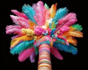 Poster - Vibrant Neon Palm Tree Sculpture Against Black Canvas Capturing Tropical Festive Spirit