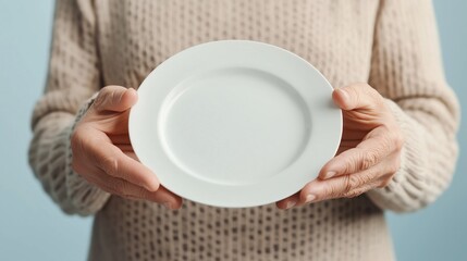 An elderly person holds an empty white plate in both hands against a soft blue background, reflecting a moment of anticipation.