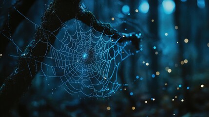 Close-up of a spider web glowing blue dark forest