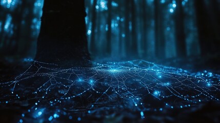 Close-up of a spider web glowing blue dark forest