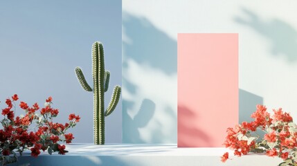 Aufkleber - Modern Botanical Mockup with Red Display and Cactus on Pastel Blue