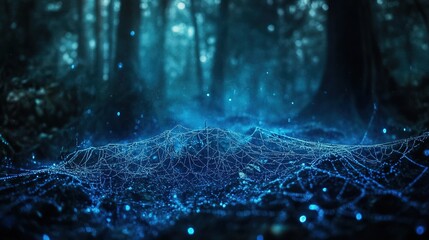 Close-up of a spider web glowing blue dark forest