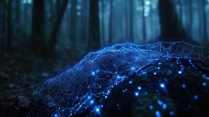 Close-up of a spider web glowing blue dark forest