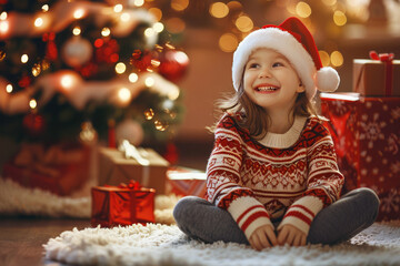 Wall Mural - A little kid girl wearing a red and white sweater and Santa hat sitting on the floor near the Christmas tree with a giftboxes. AI generative