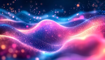 Poster - A vibrant digital landscape with swirling waves of colorful light and shimmering particles, creating a mesmerizing cosmic effect.