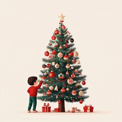 Child decorating Christmas tree with colorful ornaments, gifts.