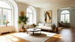 © uon - Elegant minimalist living room, mid-century modern sofa, abstract geometric artwork, large arched windows, natural light, hardwood floors, potted palm plant, round coffee table, bright white walls, hi