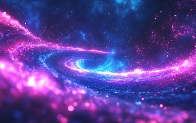 Poster - A vibrant cosmic scene depicting swirling galaxies filled with luminous pink, blue, and purple particles against a dark backdrop.