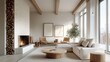 © uon - Cozy minimalist living room, white brick fireplace, neutral color palette, large windows, natural light, wooden accents, potted plant, round coffee table, textured rug, modern furniture, Scandinavian