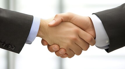 Two businessmen shaking hands in a formal agreement.