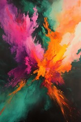 Aufkleber - A vivid abstract artwork featuring explosive bursts of pink, orange, teal, and green against a dark background.