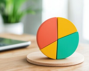 A colorful pie chart model stands on a wooden base, emphasizing data visualization and analysis in a modern workspace.