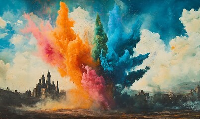 Aufkleber - A vibrant explosion of colored powder fills the sky above a dark silhouette of a castle, creating a dynamic contrast against the serene clouds.