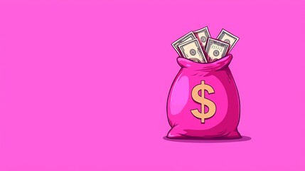 A vibrant pink money bag overflowing with cash, perfect for financial themes, savings, and wealth illustrations.