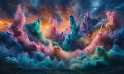 Aufkleber - A vibrant, ethereal scene showcases colorful clouds swirling dramatically against a moody sky, creating a surreal, dreamlike atmosphere.
