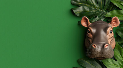 A whimsical hippo head against a green backdrop, framed by tropical leaves, creating a playful and vibrant atmosphere.