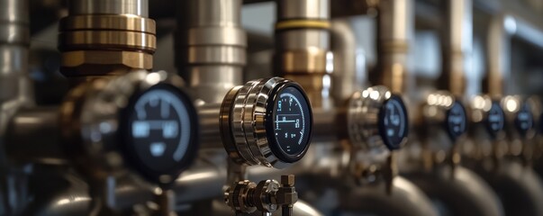 Close-up of Industrial Pressure Gauges on Metal Pipes in a Factory Setting, Emphasizing Precision