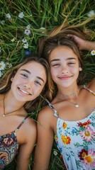 Wall Mural - Two young women laying on the ground in a field of flowers. AI.