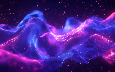 Poster - A vibrant, abstract representation of swirling waves in shades of blue and pink, set against a dark cosmic background filled with shimmering particles.