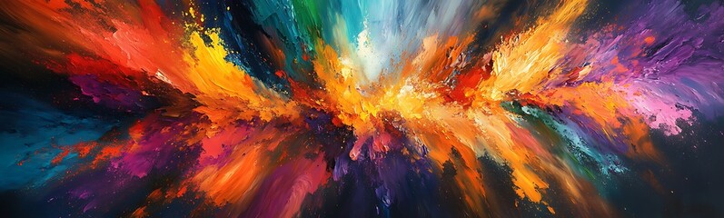 Poster - A vibrant, abstract painting showcasing a burst of colors, blending hues of orange, purple, and blue in an energetic display.