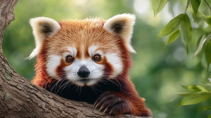 detailed closeup of a red panda s face, with focus on its soft fur, cute nose, and bright eyes as it