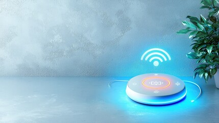 Poster - A close-up of a smart home hub device illuminated with a gentle glow, set against a textured gray background to emphasize its contemporary features.