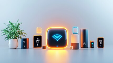 Poster - A lifestyle shot of a smart home hub device glowing softly, with various smart home products in the background on a stylish gray surface.