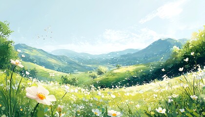Aufkleber - A lush green valley filled with blooming flowers under a clear blue sky, surrounded by rolling mountains.