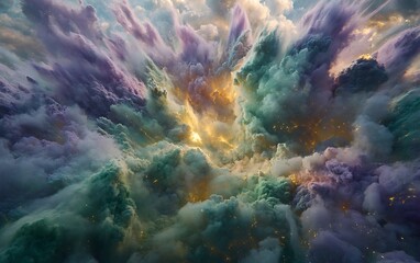 Aufkleber - A vibrant explosion of clouds in hues of purple and teal, illuminated by golden glimmers, creating a celestial or dreamlike atmosphere.