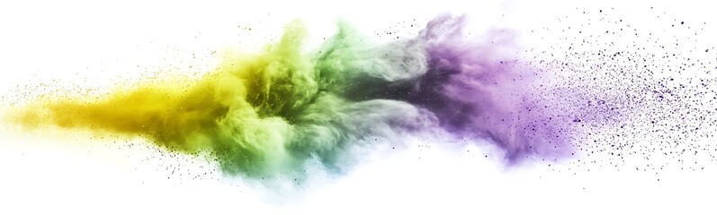 Poster - A colorful explosion of powder in yellow, green, and purple hues against a white background, creating a dynamic and vibrant visual effect.