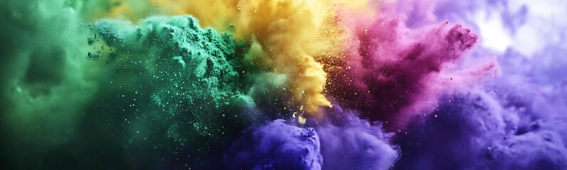 Aufkleber - A vibrant explosion of colorful powders creates a stunning cloud-like formation, blending hues of purple, green, yellow, and blue.