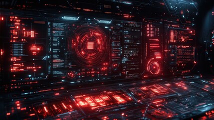 Aufkleber - A vibrant red sci-fi backdrop featuring intricate lines and digital motifs, ideal for creating captivating visuals for gaming, films, or tech advertisements.