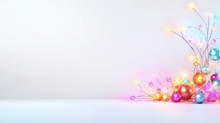 Poster - Bright holiday lights in various colors softly glowing, set against a plain background with ample negative space, emphasizing simplicity and warmth.