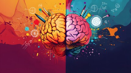 Wall Mural - colorful brain with art supplies and paint splatter
