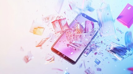 Abstract 3D model of a smartphone with exploding icons of shopping, discounts and digital payment solutions, pastel theme