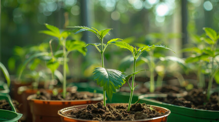 Wall Mural - Growing Cannabis Plants in Pots in a Greenhouse. Concept Cannabis Cultivation